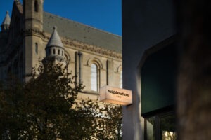 Unique exterior signage of Neighbourhood Café, Belfast, inviting guests into one of Ireland’s best cafes.