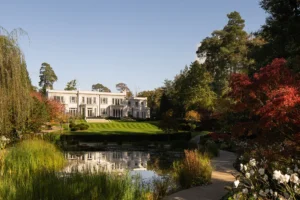 Modern home framed by golden foliage and landscaped garden — award winning landscape architectural photography.