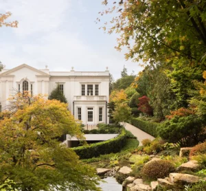 Water feature flowing gently through contemporary landscape design — UK landscape photography.