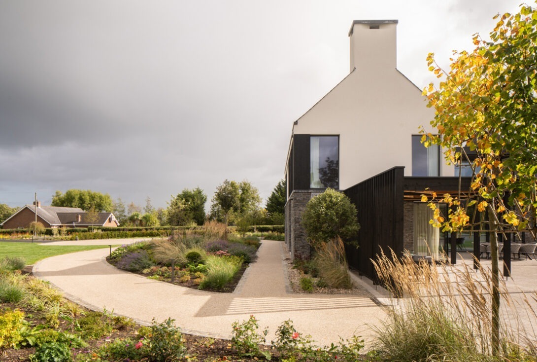 Detailed view of modern façade and landscaping at Mountjoy House — award winning architectural photographer documenting Irish countryside house.