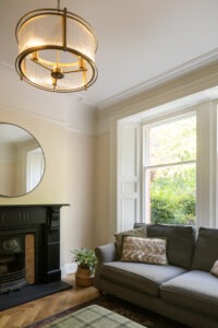 Architectural detail of modern rear extension contrasting with traditional Belfast house structure.