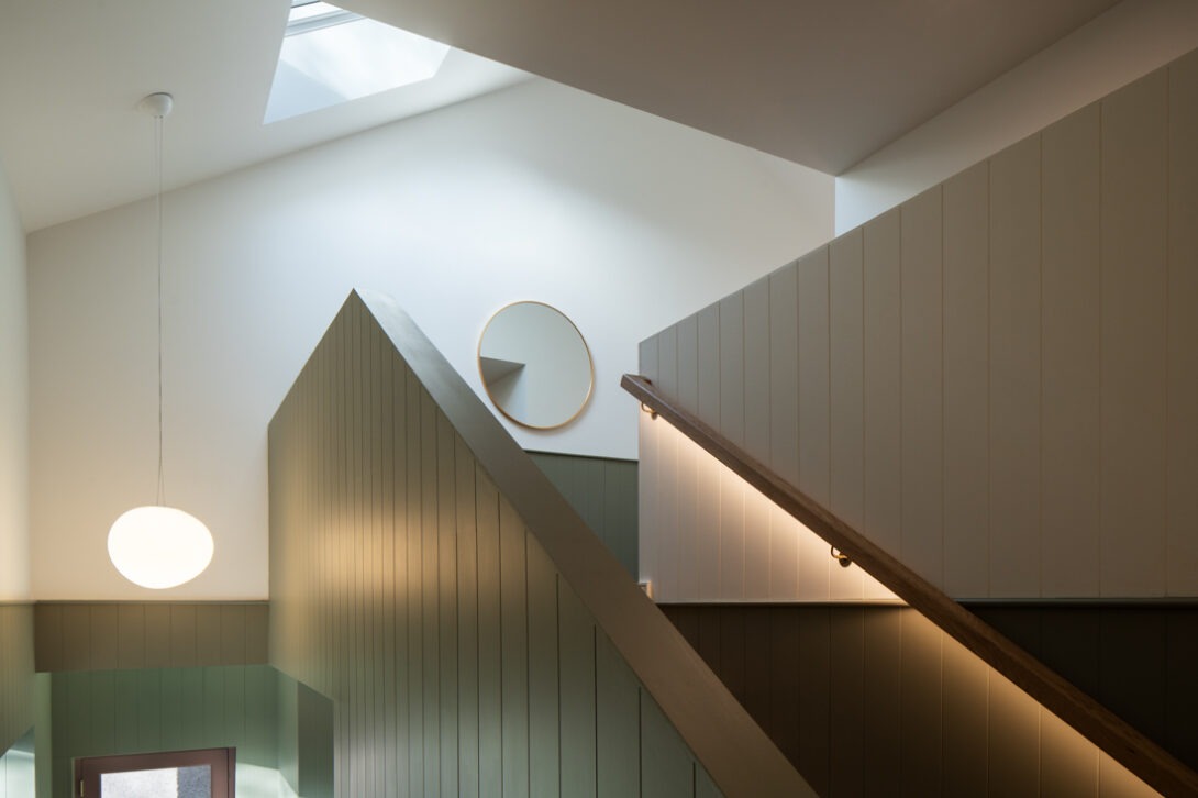 Architectural detail of interior materials and textures highlighted in early morning light — UK architectural photography of The Chalet.