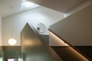 Architectural detail of interior materials and textures highlighted in early morning light — UK architectural photography of The Chalet.