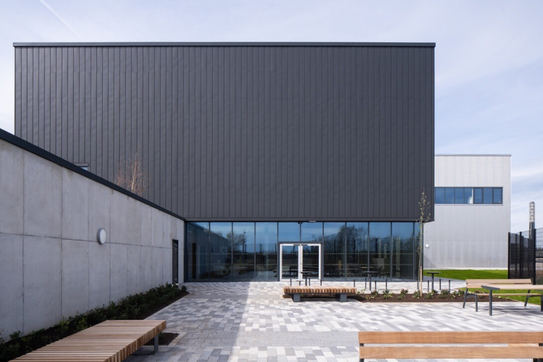 Wide exterior view of the AMIC Factory of the Future at Queen's University Belfast.